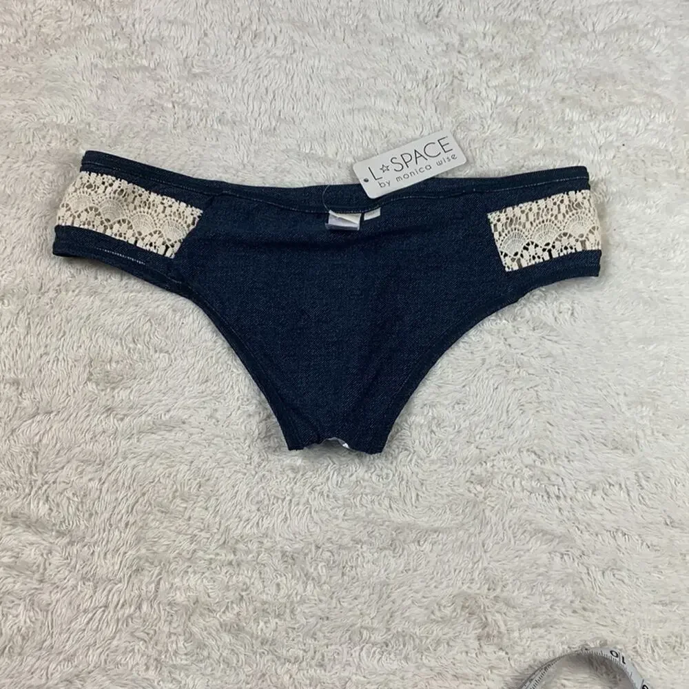 L Space Nanette Dreamer Bitsy Cut denim and crochet bikini bottoms, NWT L